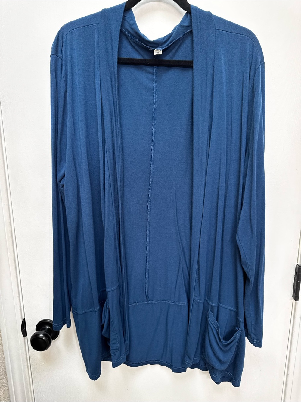 Women's Blue Open-Front Draped Cardigan with Pockets